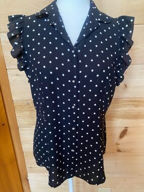 Anne Klein Black and White Polka Dot Ruffle Sleeve Blouse